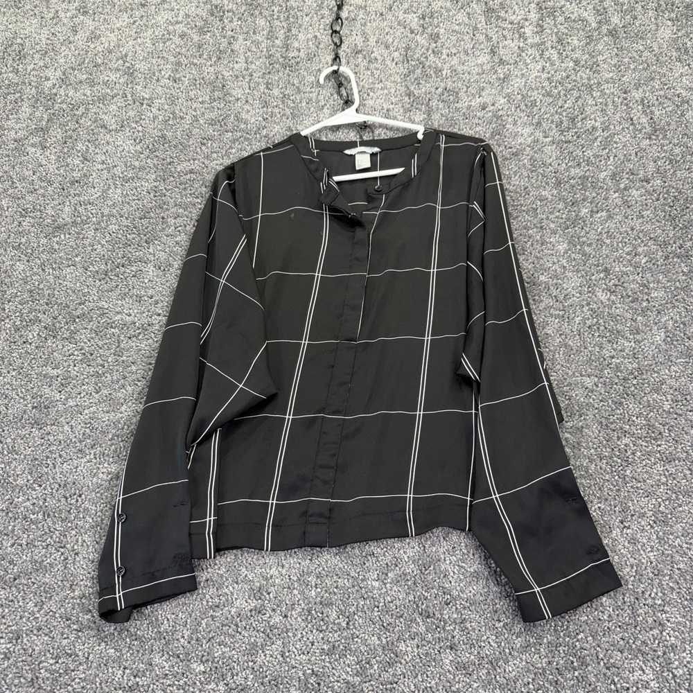 H&M Blouse Womens 8 Black Windowpane Check Long Sleeve Button Office Top